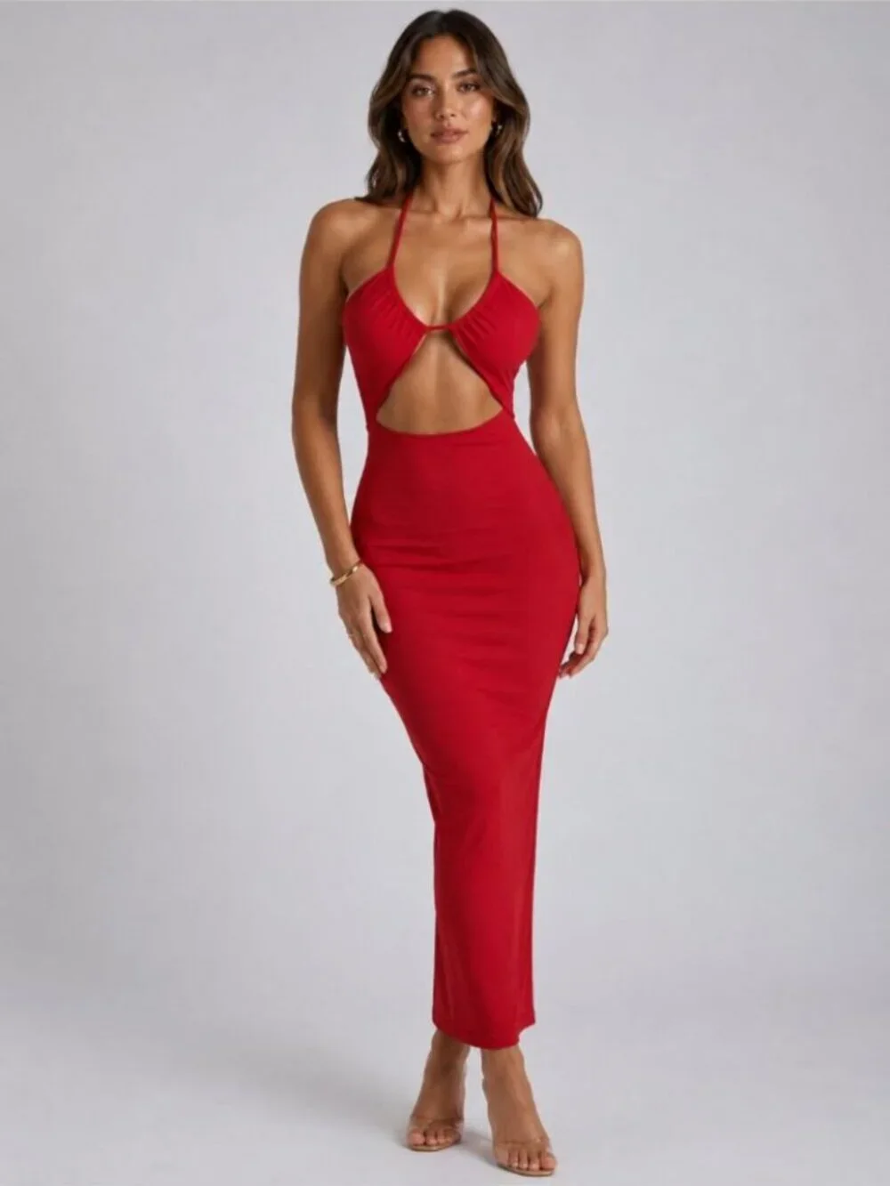 Meshki Maddie Ribbed Maxi Bodycon Dress Drawstring Cut Out Raspberry Red Small - Picture 2 of 8